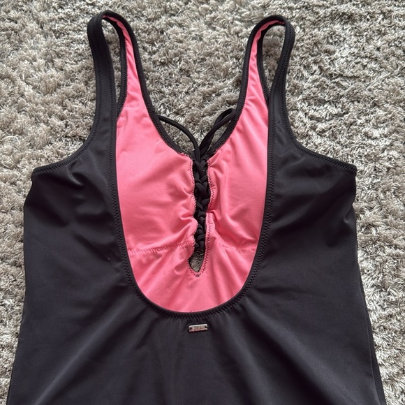 PINK Victoria's Secret Black and Pink One Piece Swimsuit with Ruched Bust - Picture 4 of 6
